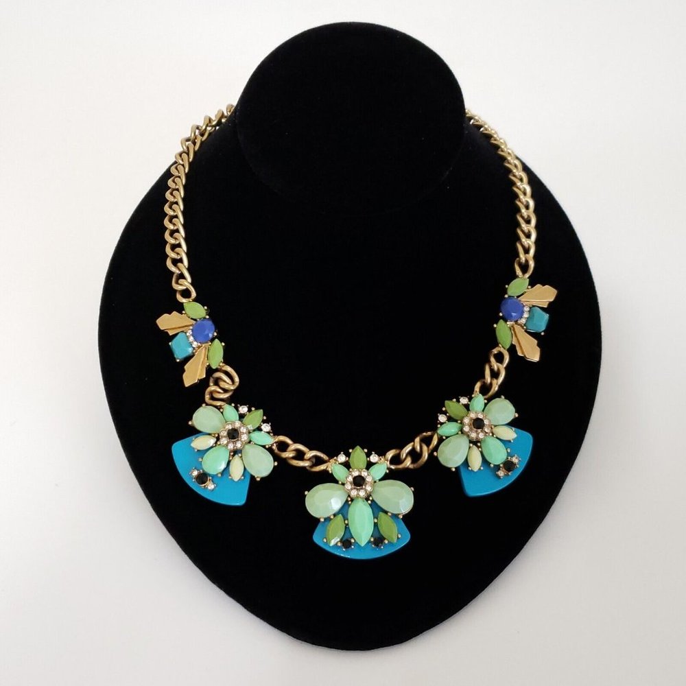 J Crew Statement Necklace Gold Tone Aqua Blue Jeweled Clusters
